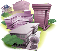 Illustration of a group of generic college buildings represents Academic Departments Section.