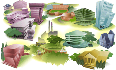 Illustration of a variety of buildings represents the Virtual Campus.